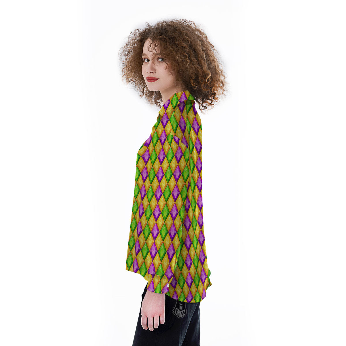 Diamond Mardi Gras Print Pattern Women's Long Sleeve Shirts-grizzshop
