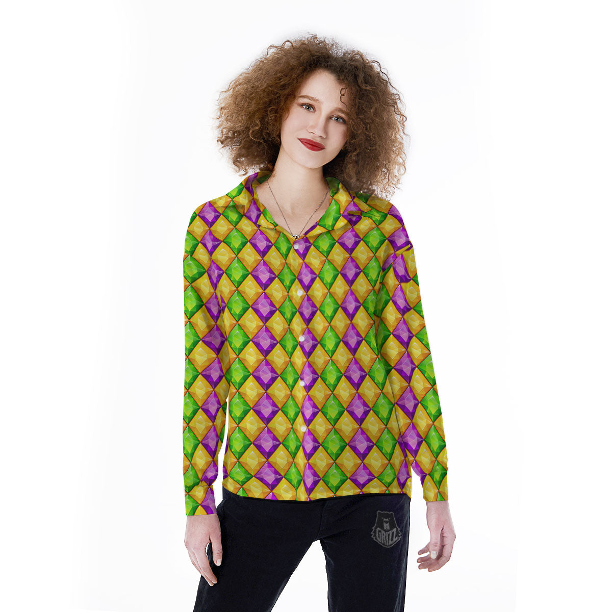 Diamond Mardi Gras Print Pattern Women's Long Sleeve Shirts-grizzshop