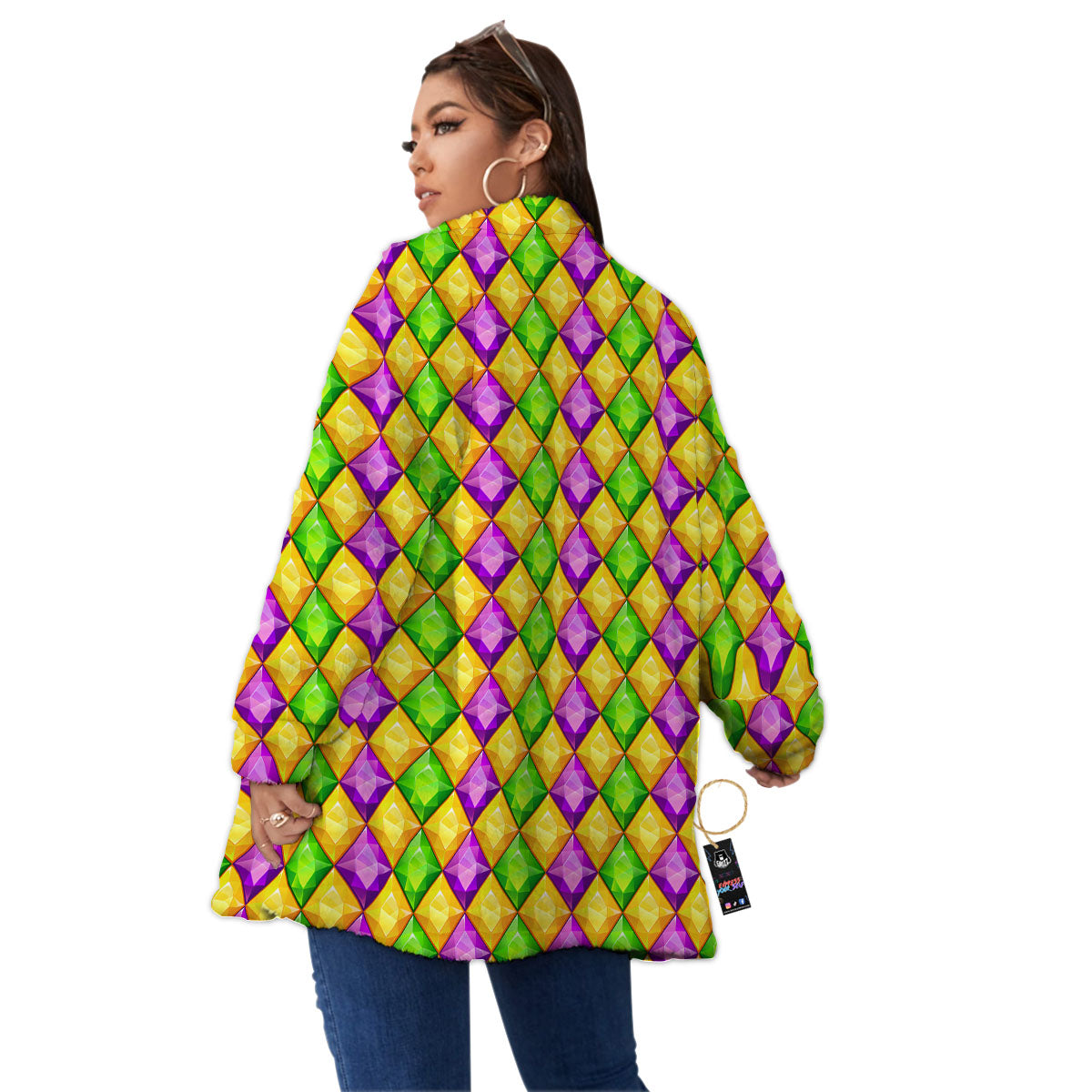 Diamond Mardi Gras Print Pattern Women's Sherpa Jacket-grizzshop
