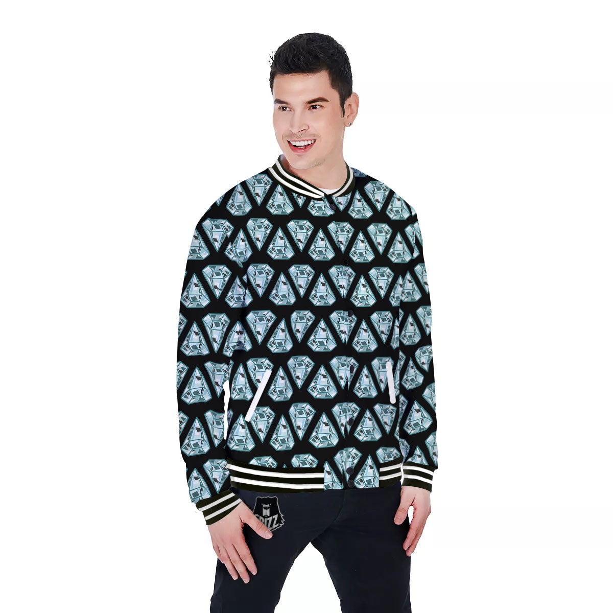 Diamond Print Pattern Baseball Jacket-grizzshop