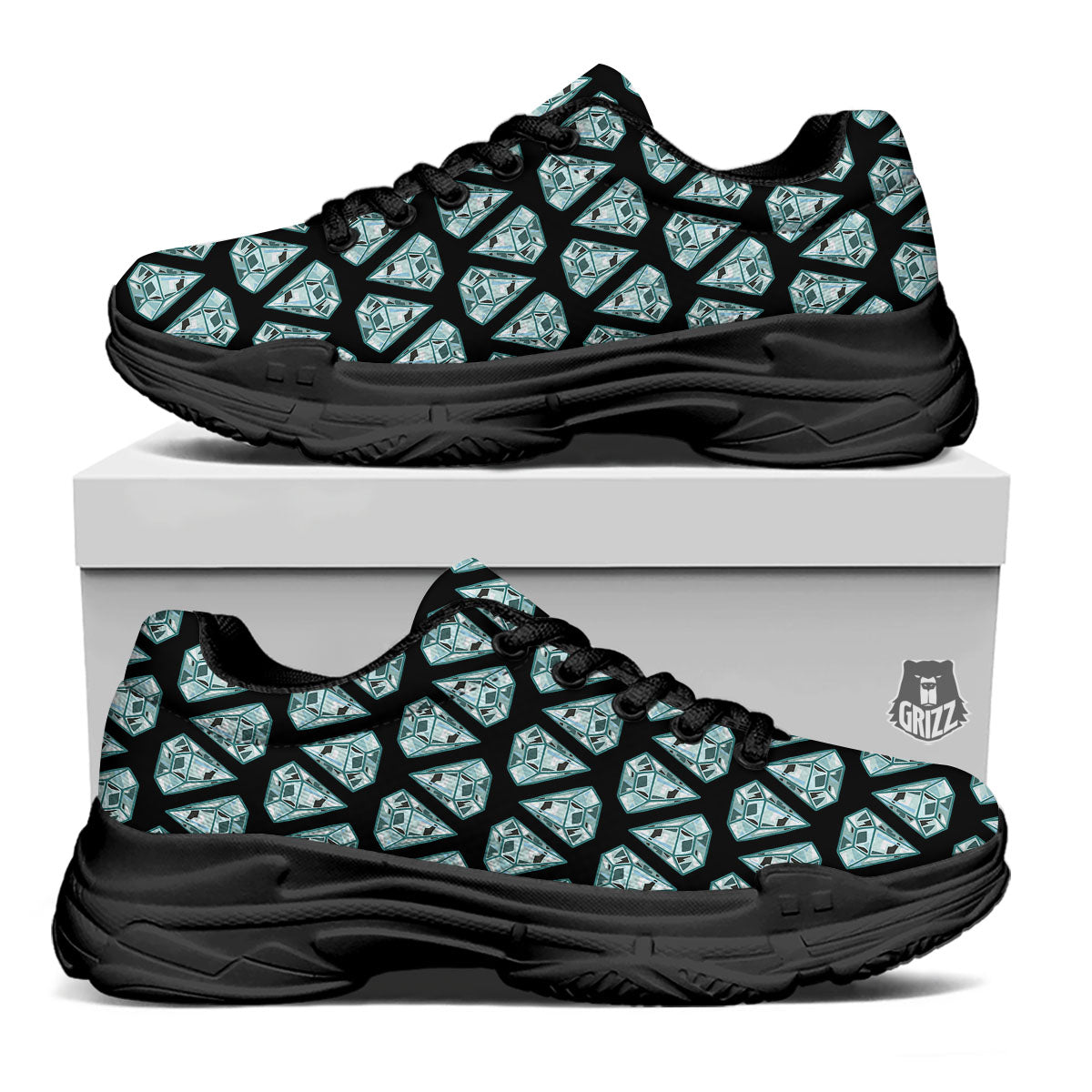 Diamond Print Pattern Black Chunky Shoes-grizzshop