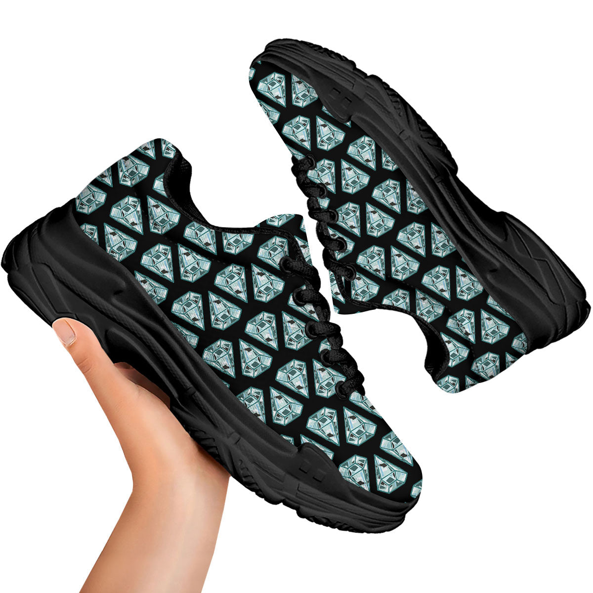 Diamond Print Pattern Black Chunky Shoes-grizzshop