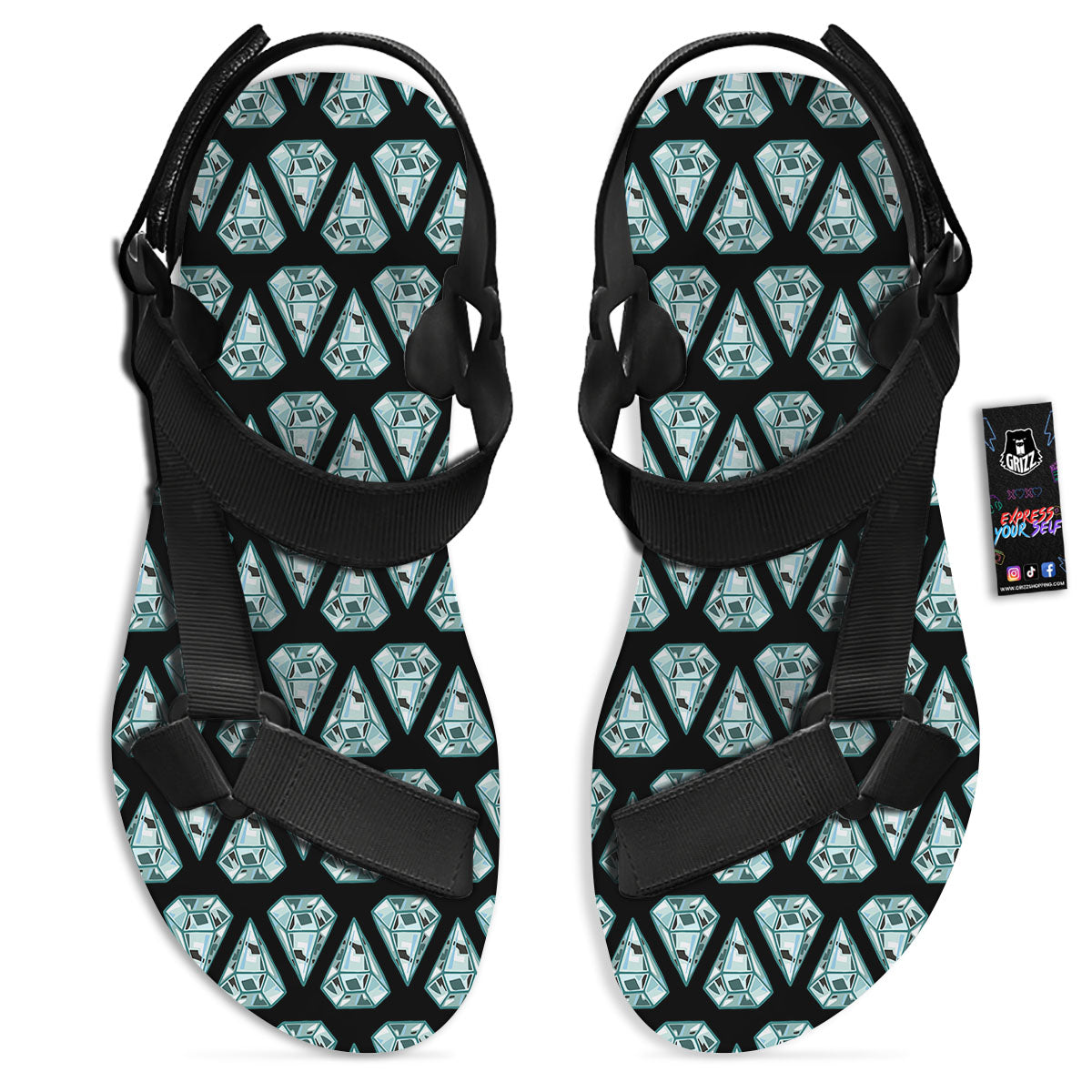 Diamond Print Pattern Black Open Toe Sandals-grizzshop