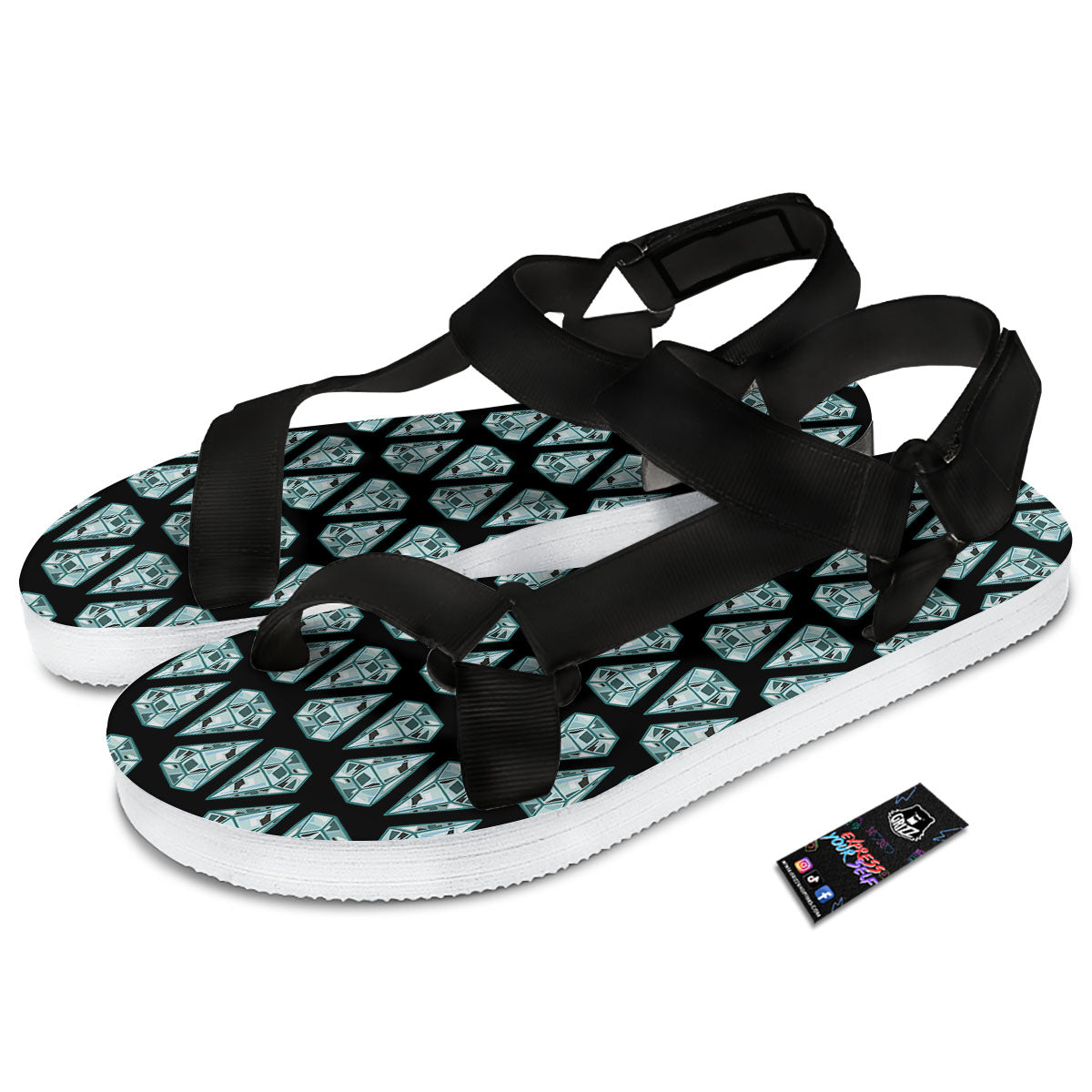 Diamond Print Pattern Black Open Toe Sandals-grizzshop