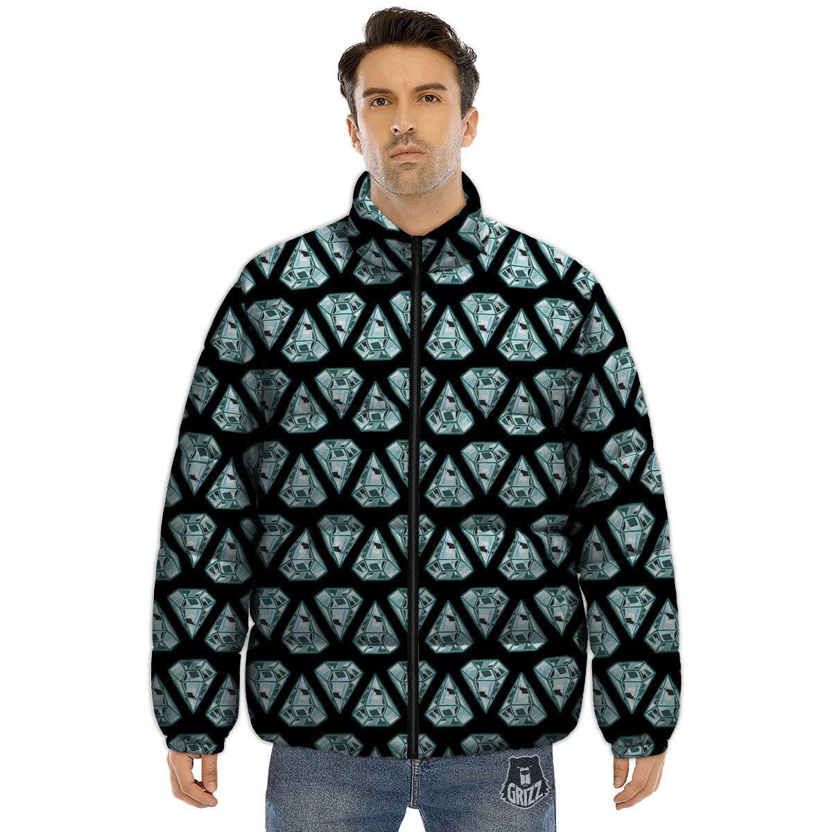 Diamond Print Pattern Puffer Jacket-grizzshop
