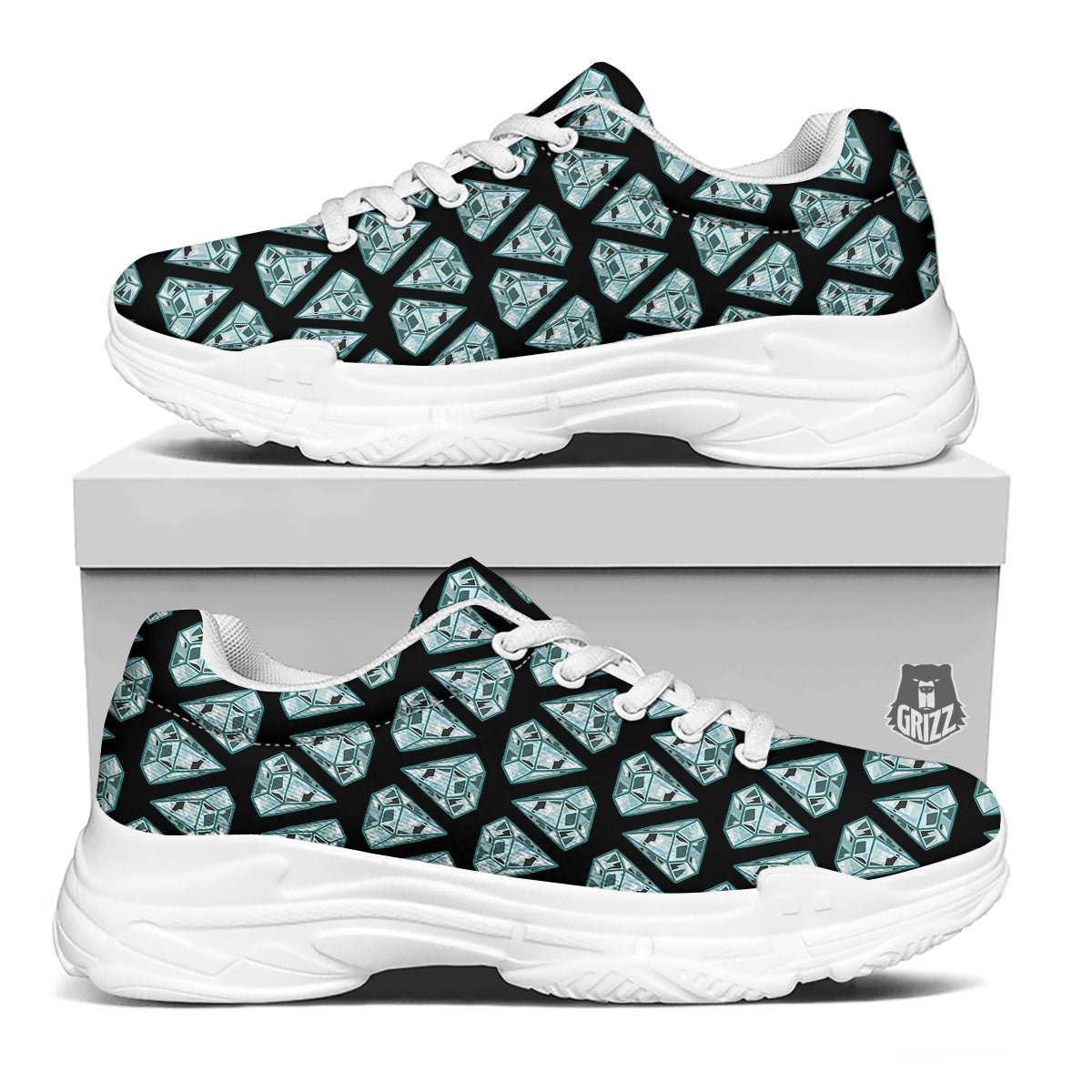 Diamond Print Pattern White Chunky Shoes-grizzshop