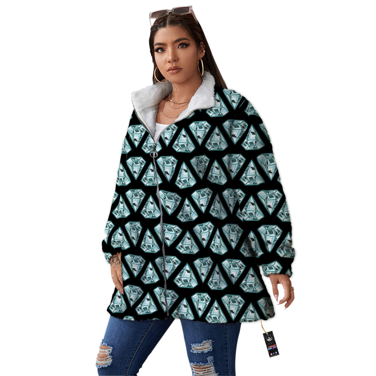 Diamond Print Pattern Women's Sherpa Jacket-grizzshop