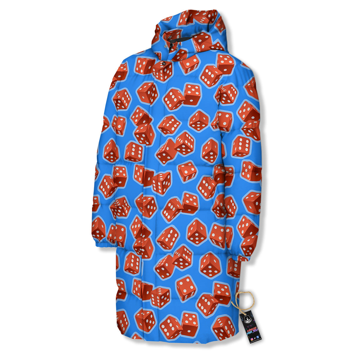 Dice Blue And Red Print Pattern Long Down Jacket-grizzshop