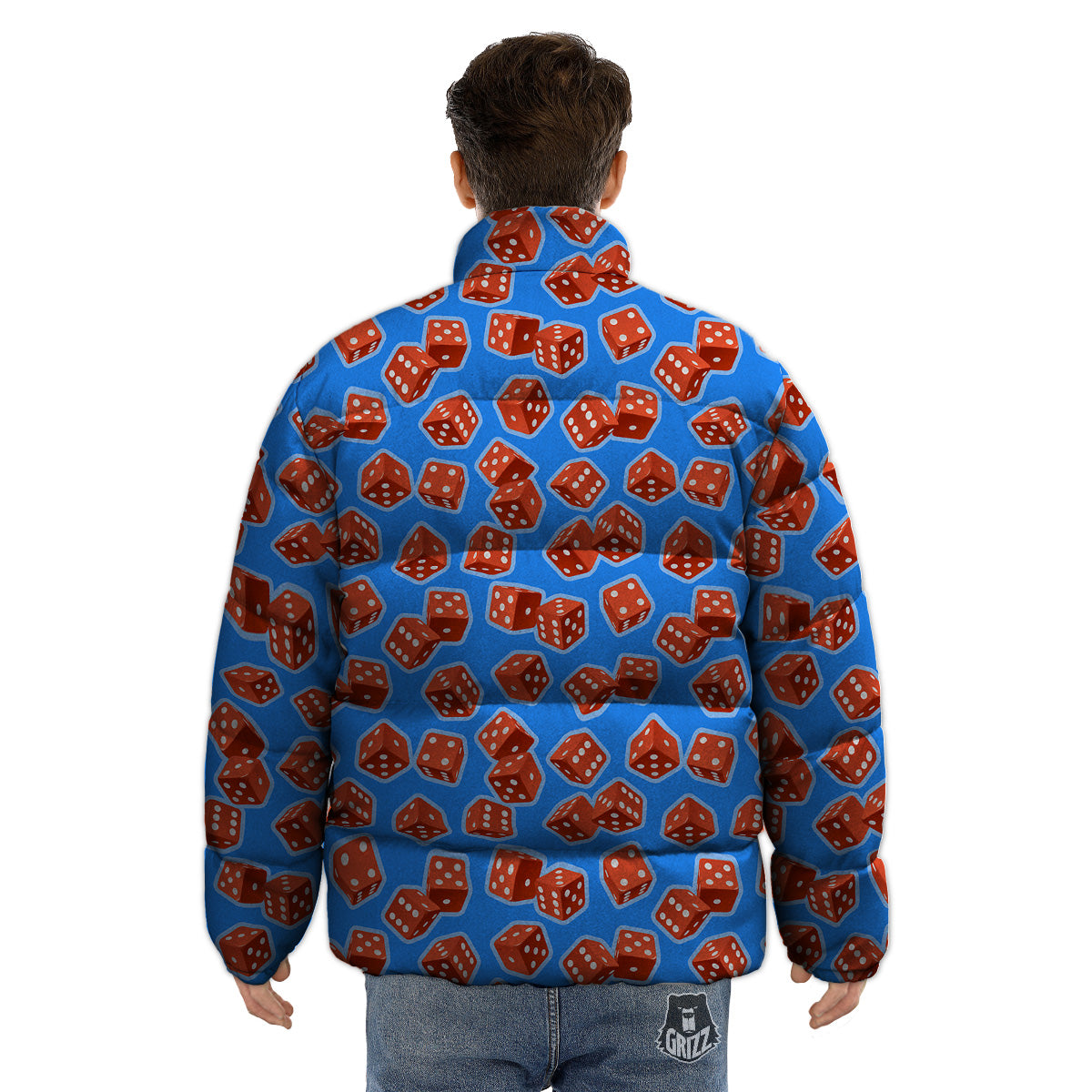 Dice Blue And Red Print Pattern Puffer Jacket-grizzshop
