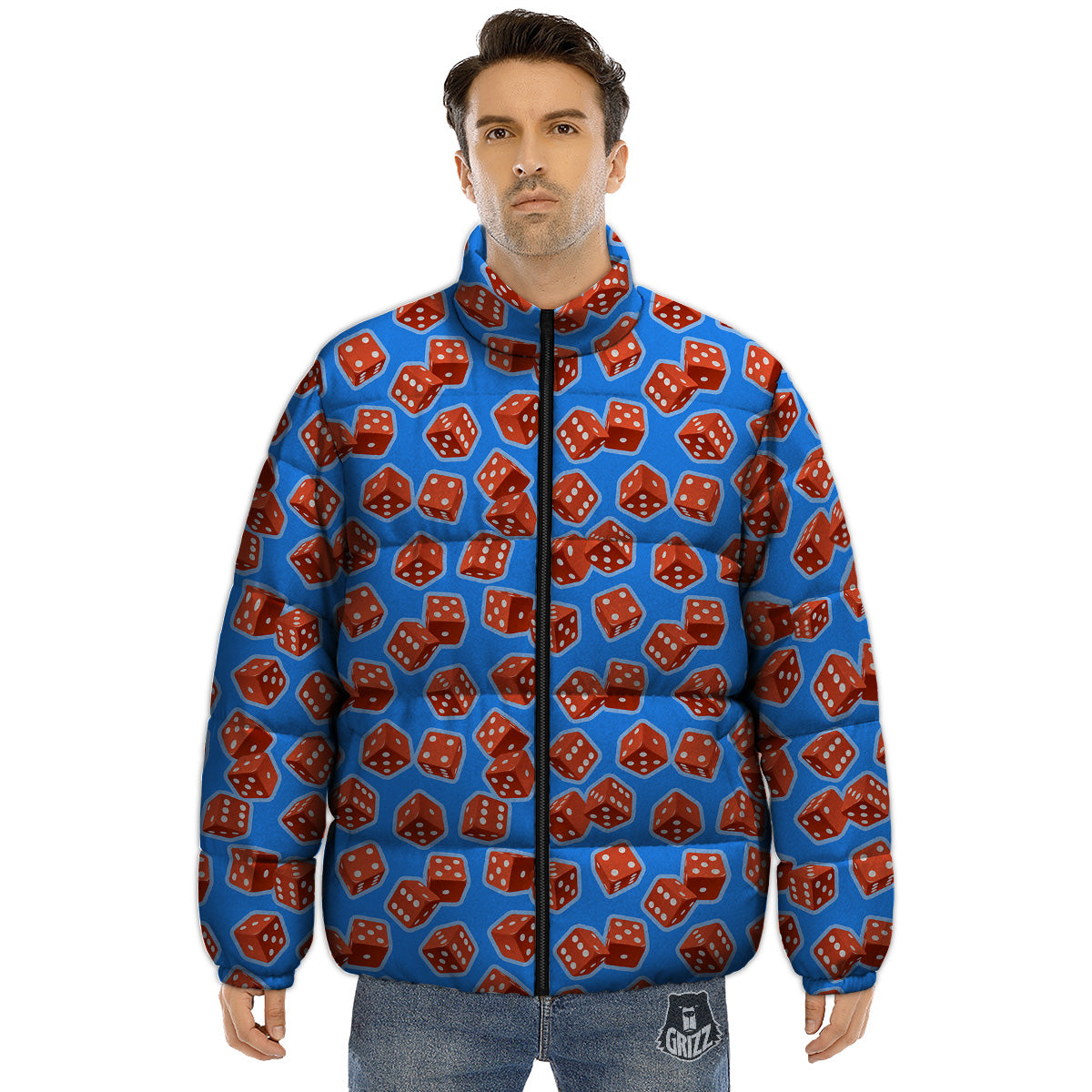 Dice Blue And Red Print Pattern Puffer Jacket-grizzshop