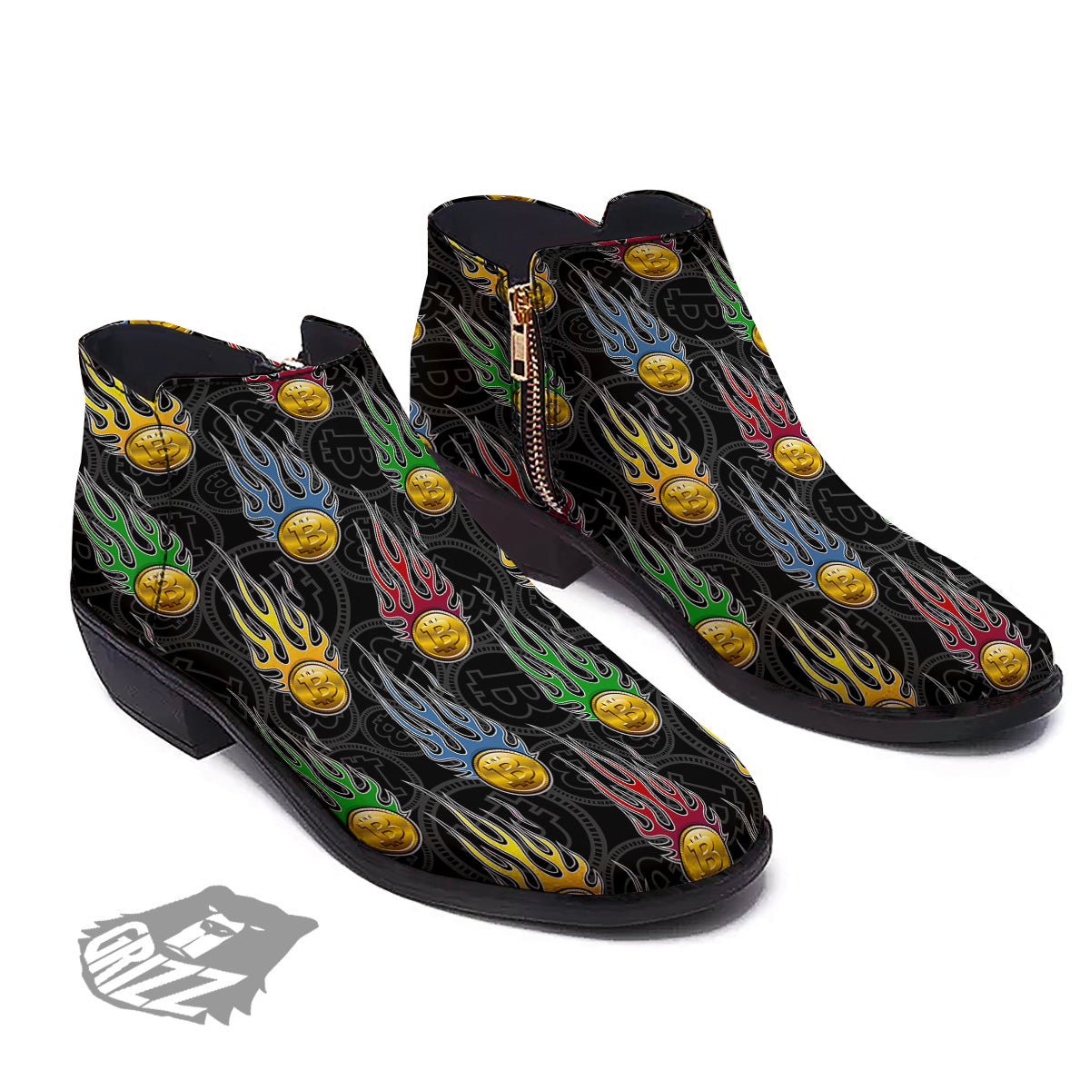 Digital Bitcoin On Fire Print Pattern Ankle Boots-grizzshop