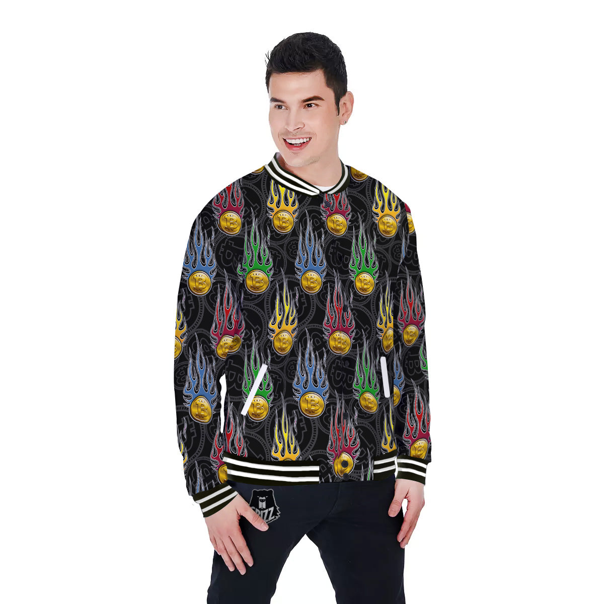 Digital Bitcoin On Fire Print Pattern Baseball Jacket-grizzshop