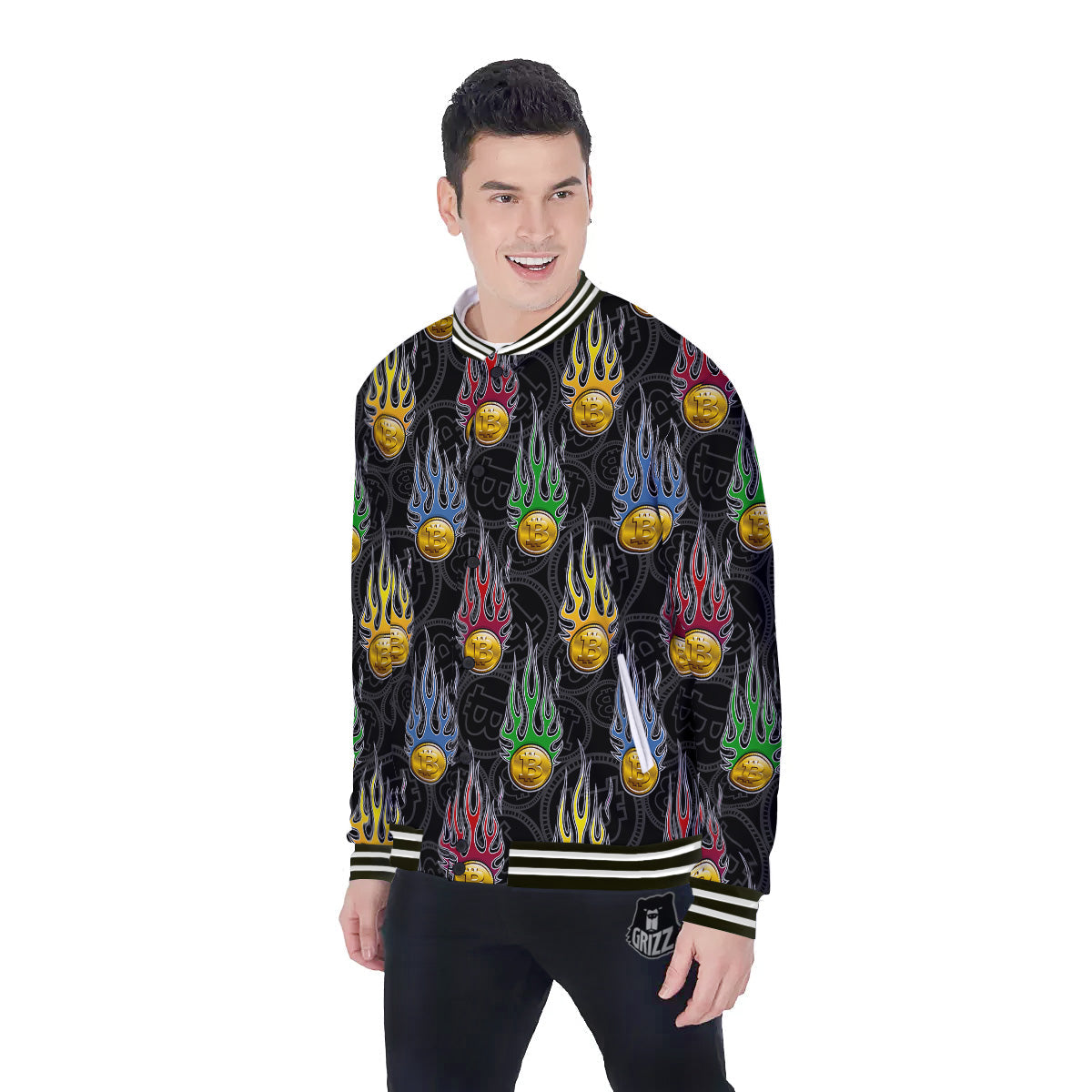Digital Bitcoin On Fire Print Pattern Baseball Jacket-grizzshop