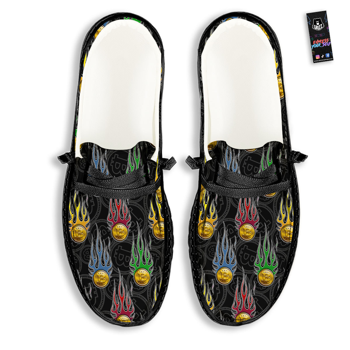 Digital Bitcoin On Fire Print Pattern Black Loafers-grizzshop