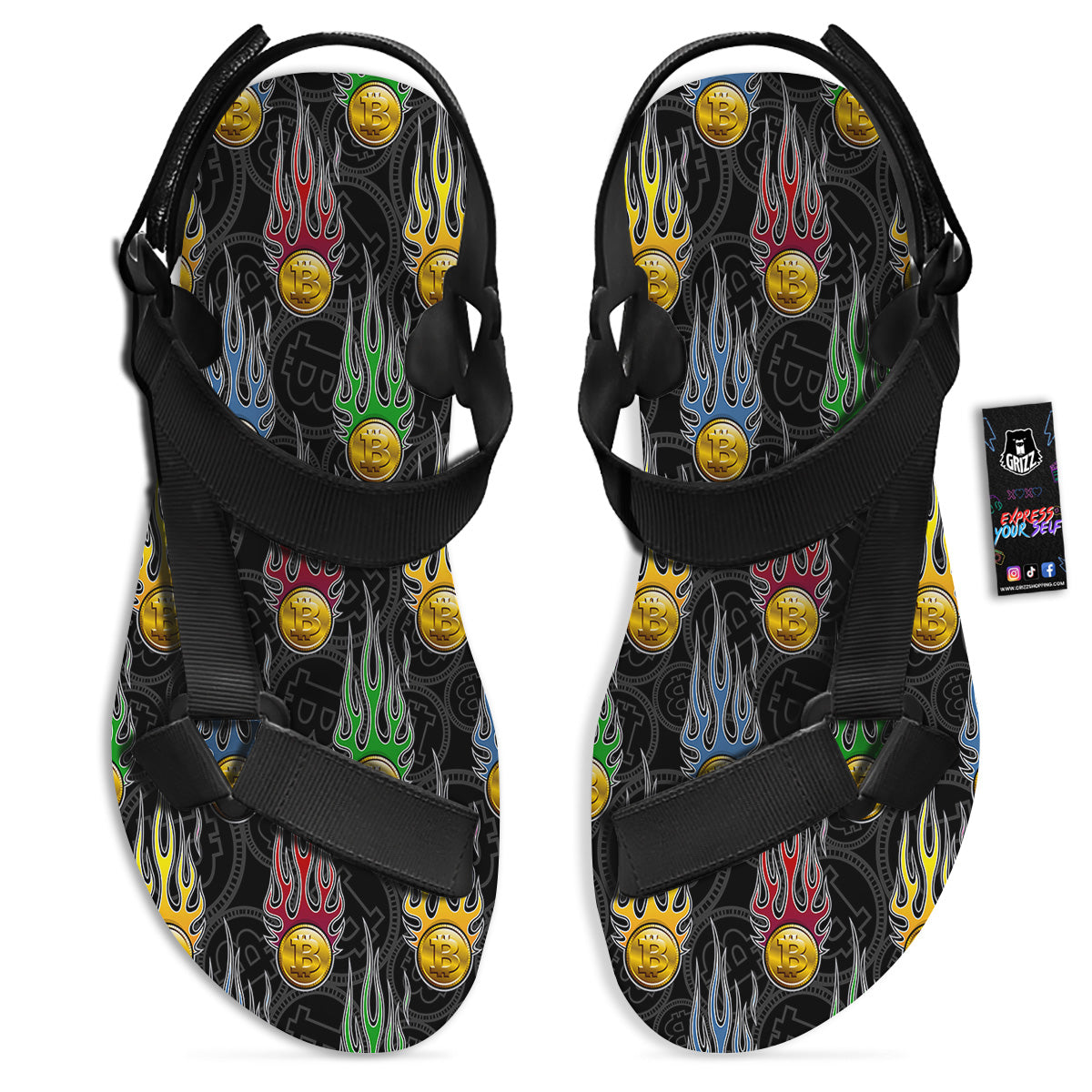 Digital Bitcoin On Fire Print Pattern Black Open Toe Sandals-grizzshop