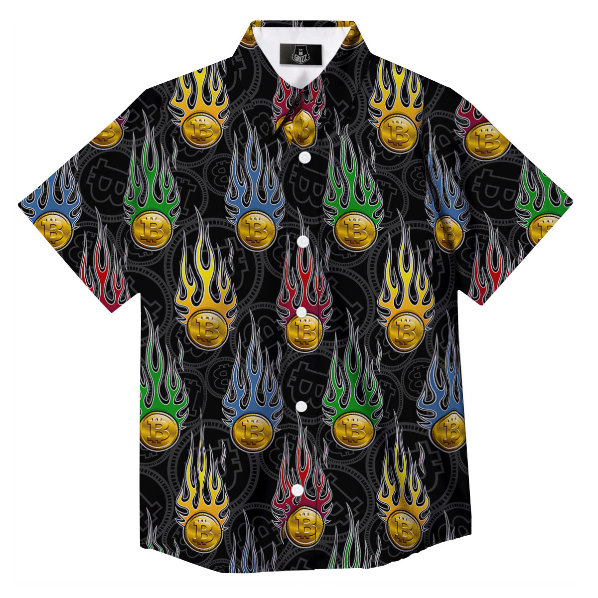 Digital Bitcoin On Fire Print Pattern Button Up Shirt-grizzshop