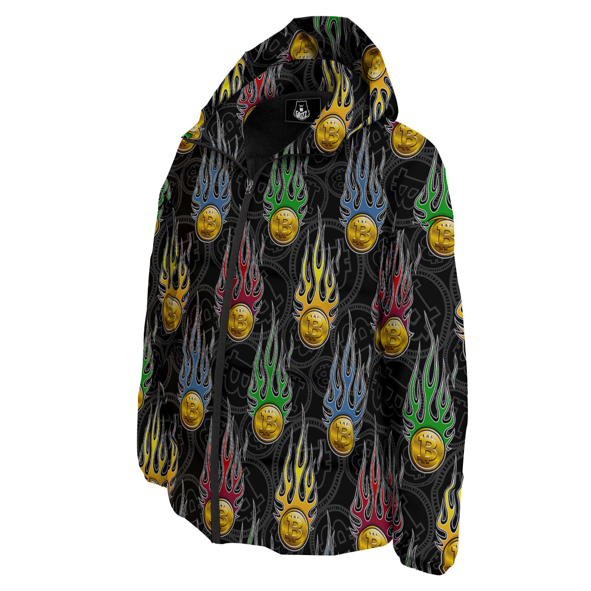 Digital Bitcoin On Fire Print Pattern Down Jacket-grizzshop