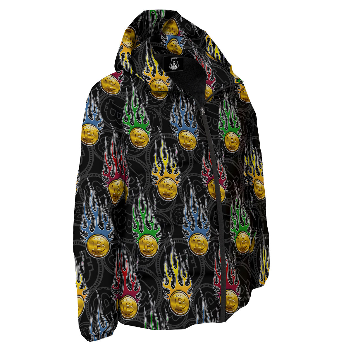 Digital Bitcoin On Fire Print Pattern Down Jacket-grizzshop