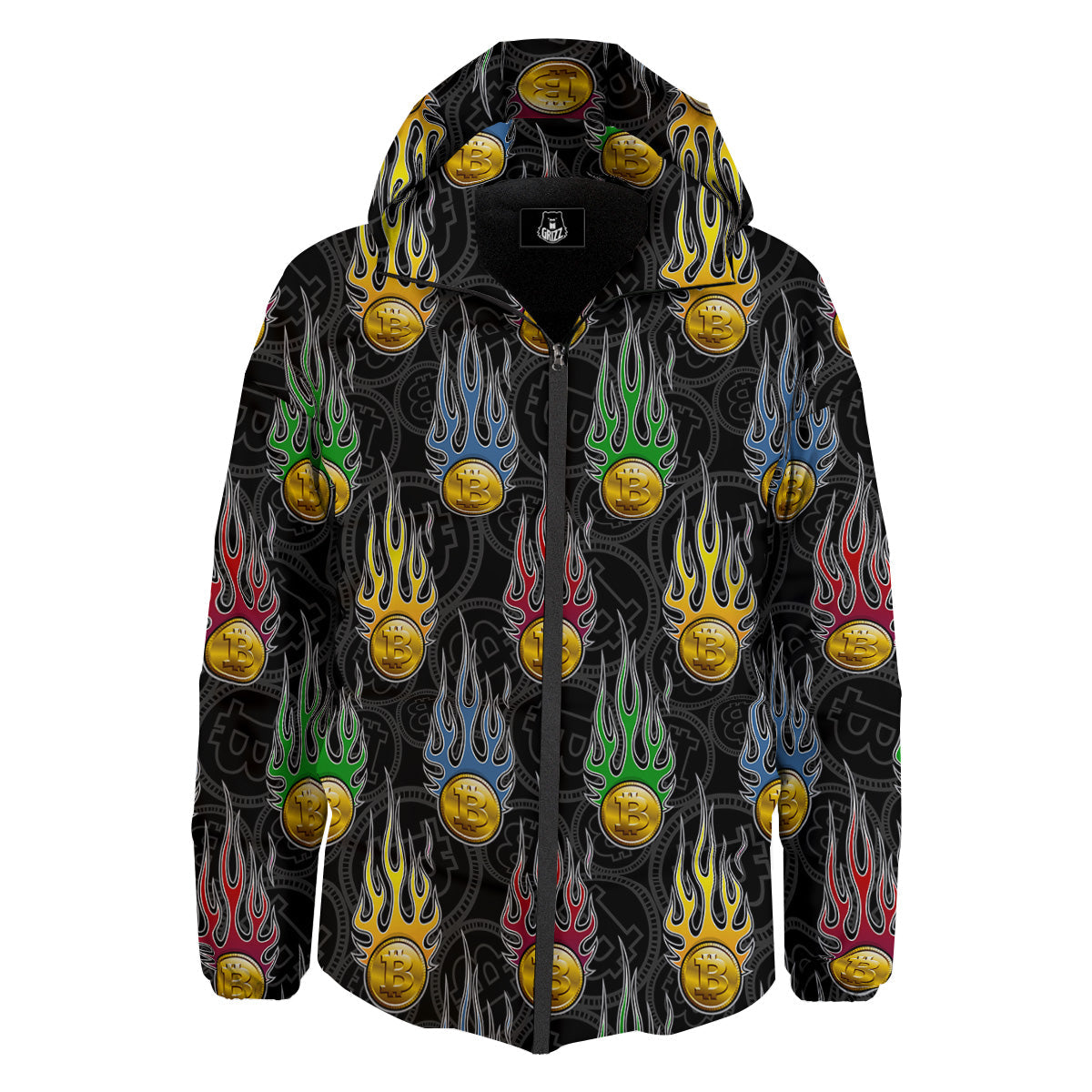 Digital Bitcoin On Fire Print Pattern Down Jacket-grizzshop