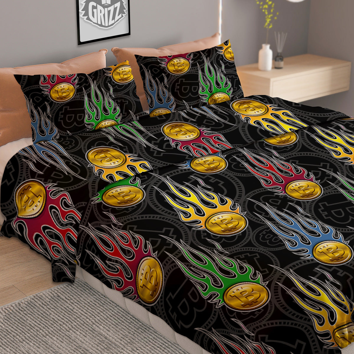Digital Bitcoin On Fire Print Pattern Duvet Cover Bedding Set