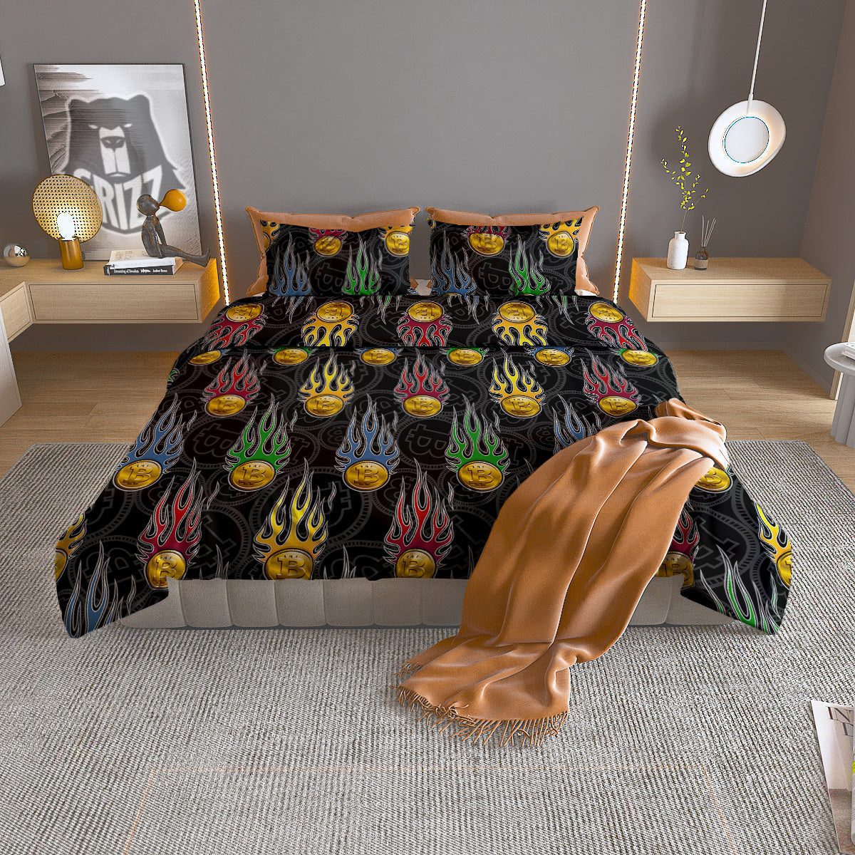 Digital Bitcoin On Fire Print Pattern Duvet Cover Bedding Set