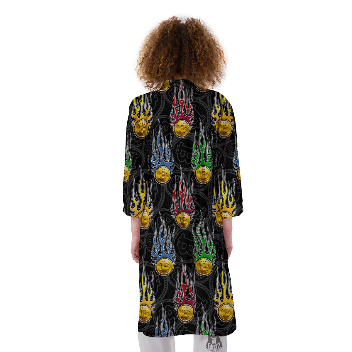 Digital Bitcoin On Fire Print Pattern Kimono-grizzshop