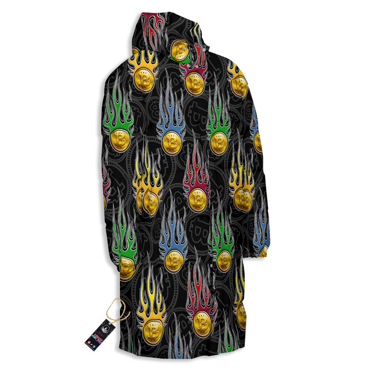 Digital Bitcoin On Fire Print Pattern Long Down Jacket-grizzshop