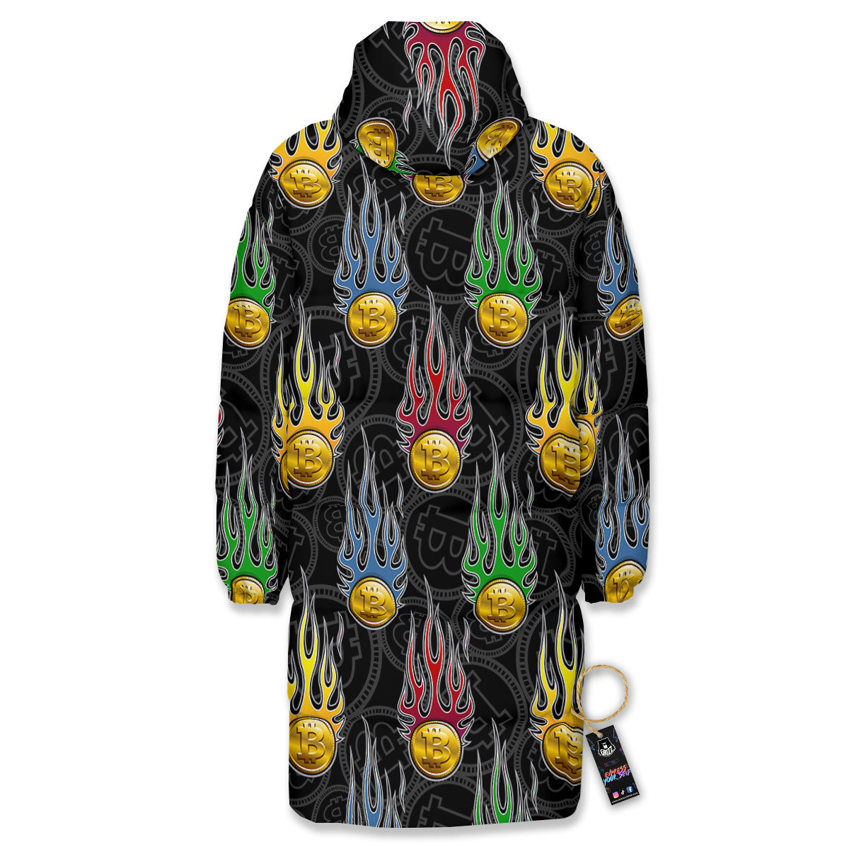 Digital Bitcoin On Fire Print Pattern Long Down Jacket-grizzshop