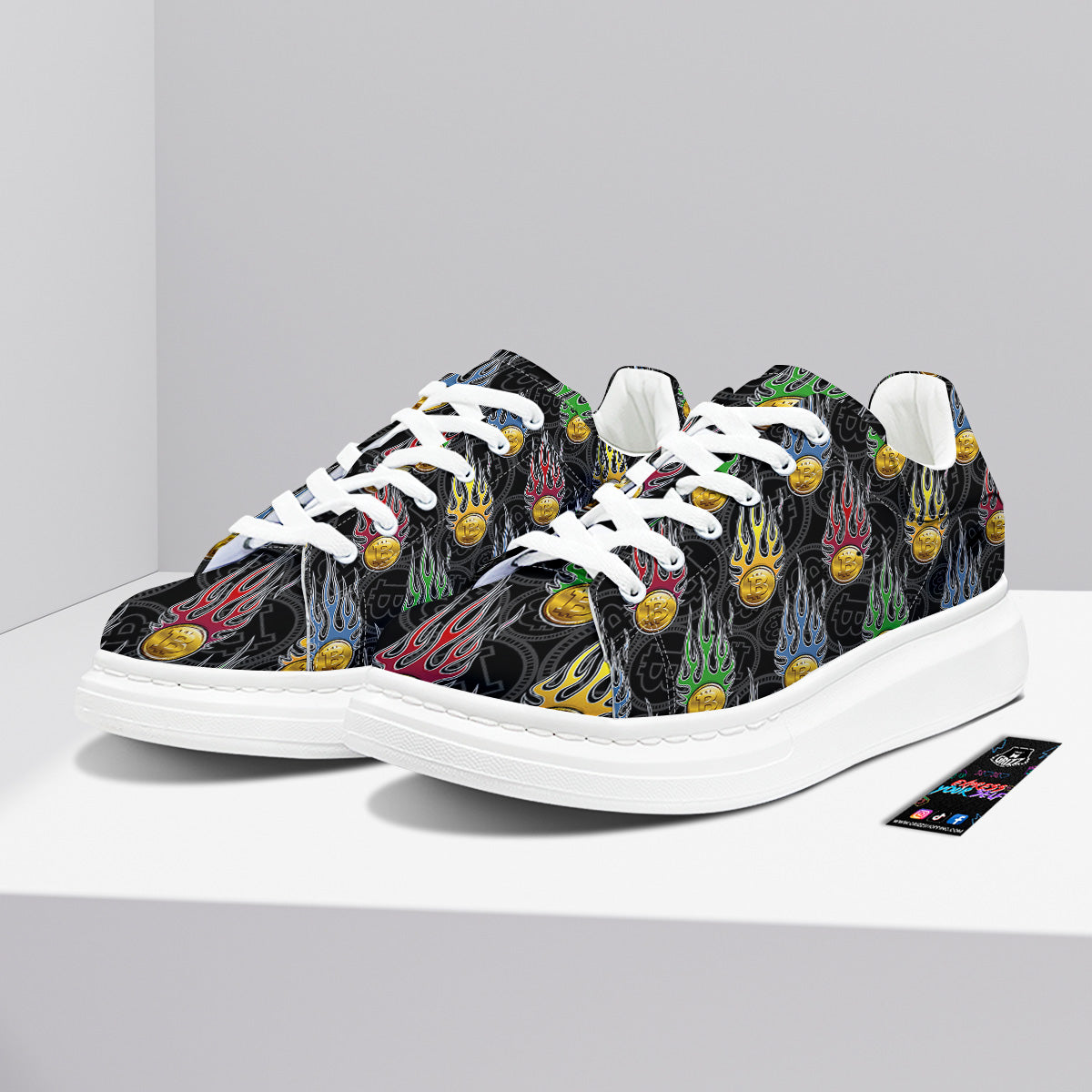Digital Bitcoin On Fire Print Pattern Platform Shoes-grizzshop