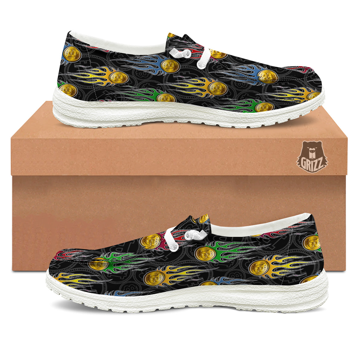 Digital Bitcoin On Fire Print Pattern White Loafers-grizzshop