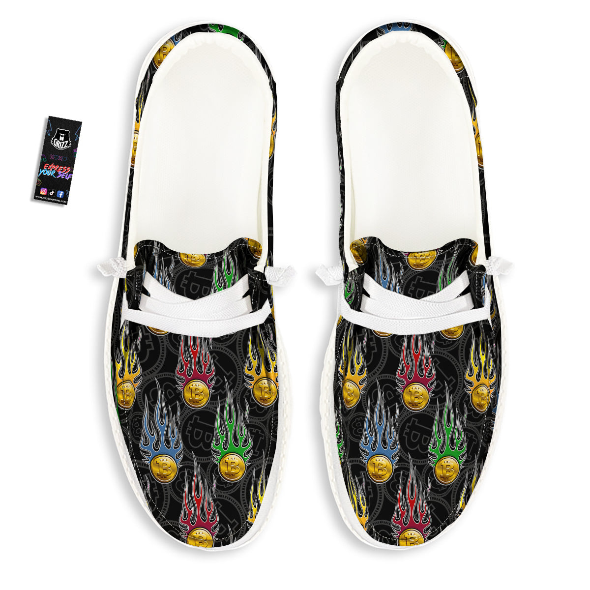 Digital Bitcoin On Fire Print Pattern White Loafers-grizzshop