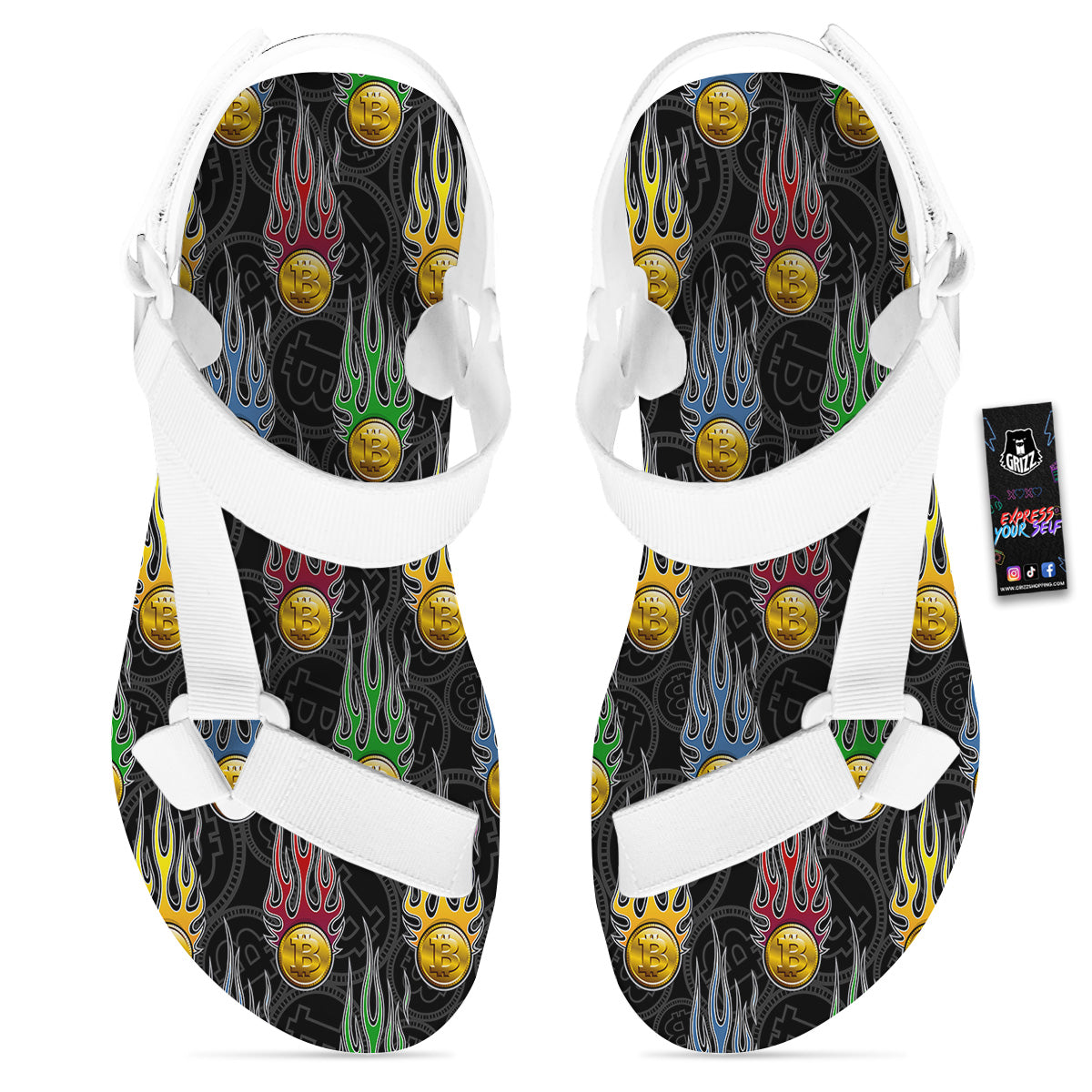 Digital Bitcoin On Fire Print Pattern White Open Toe Sandals-grizzshop