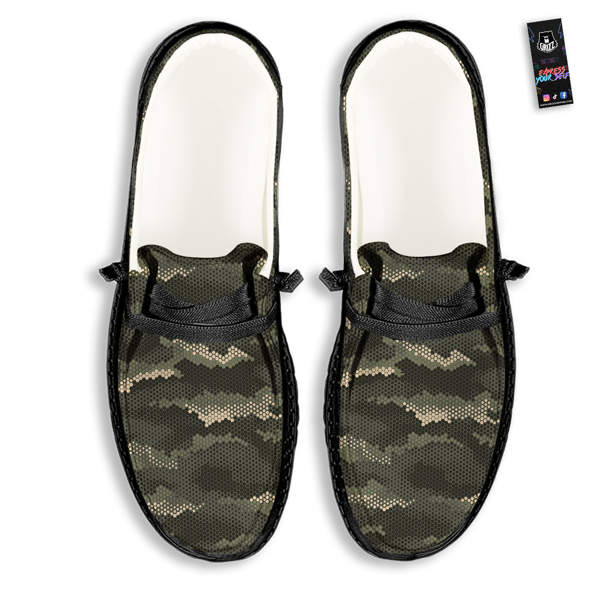 Digital Camo Army Green Print Pattern Black Loafers-grizzshop