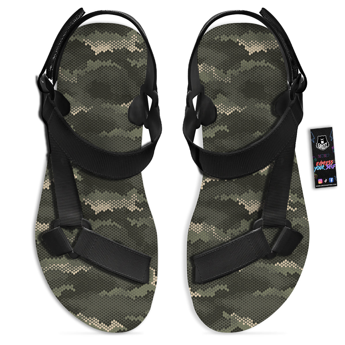 Digital Camo Army Green Print Pattern Black Open Toe Sandals-grizzshop
