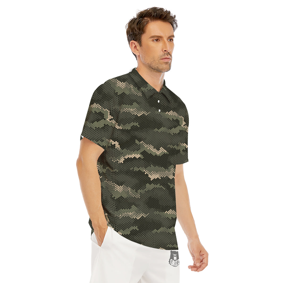 Digital Camo Army Green Print Pattern Men's Golf Shirts-grizzshop