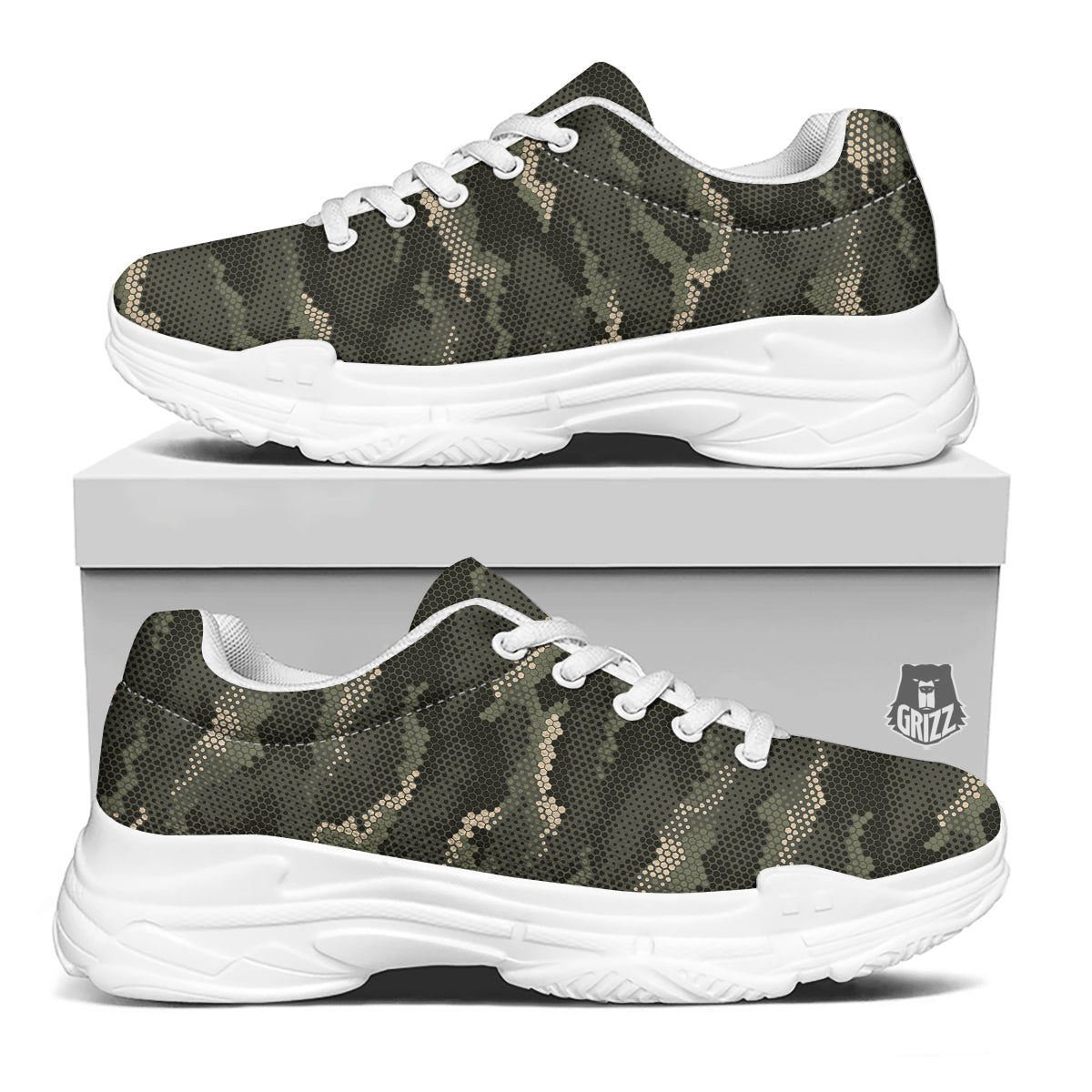 Digital Camo Army Green Print Pattern White Chunky Shoes-grizzshop