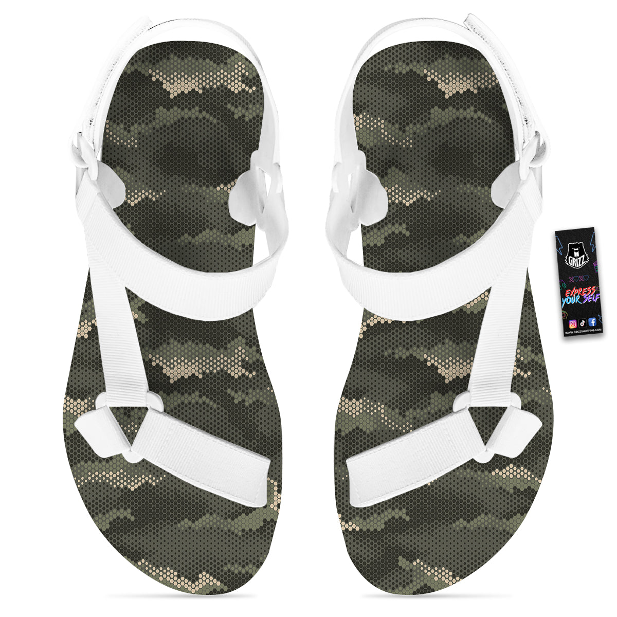 Digital Camo Army Green Print Pattern White Open Toe Sandals-grizzshop
