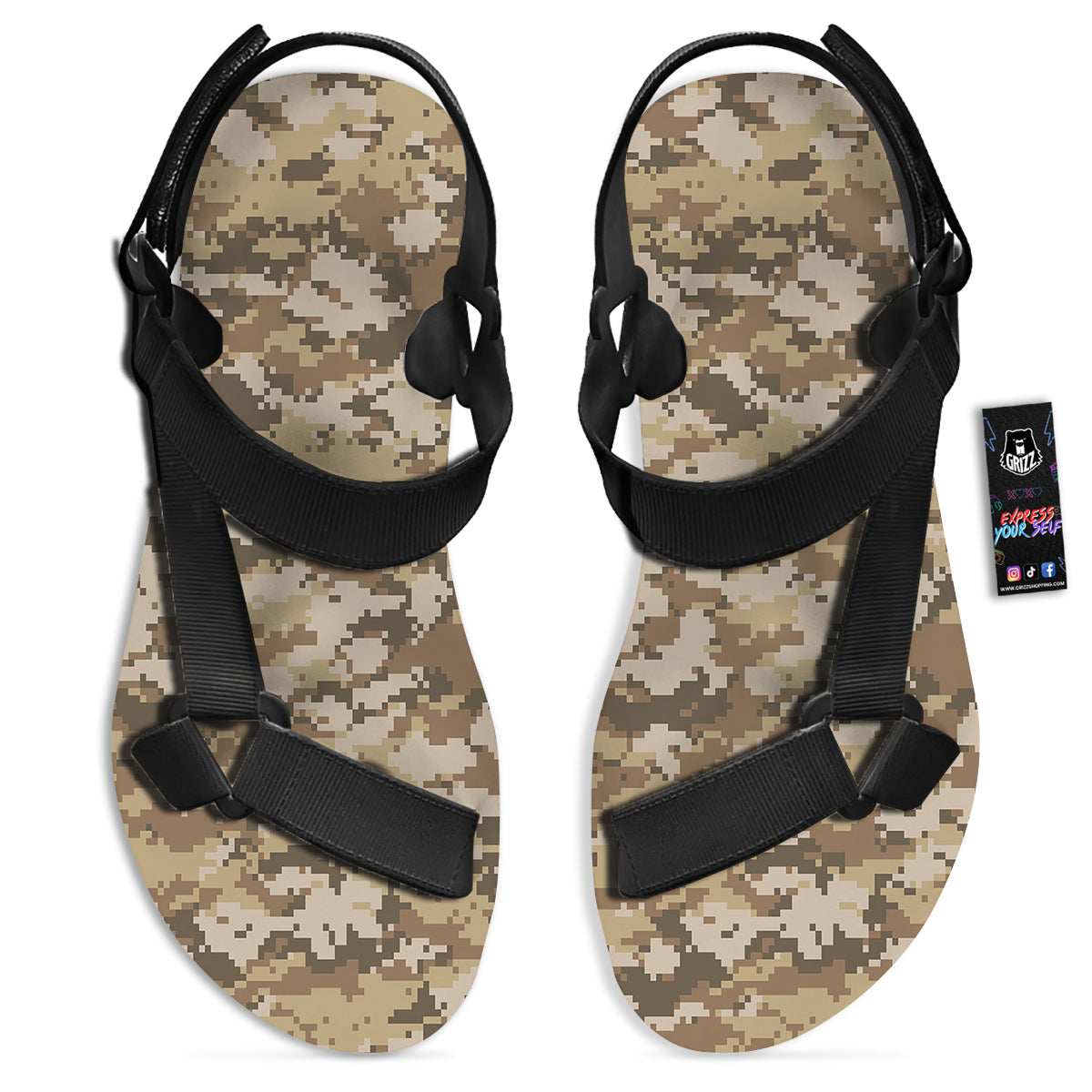 Digital Camo Beige Print Pattern Black Open Toe Sandals-grizzshop