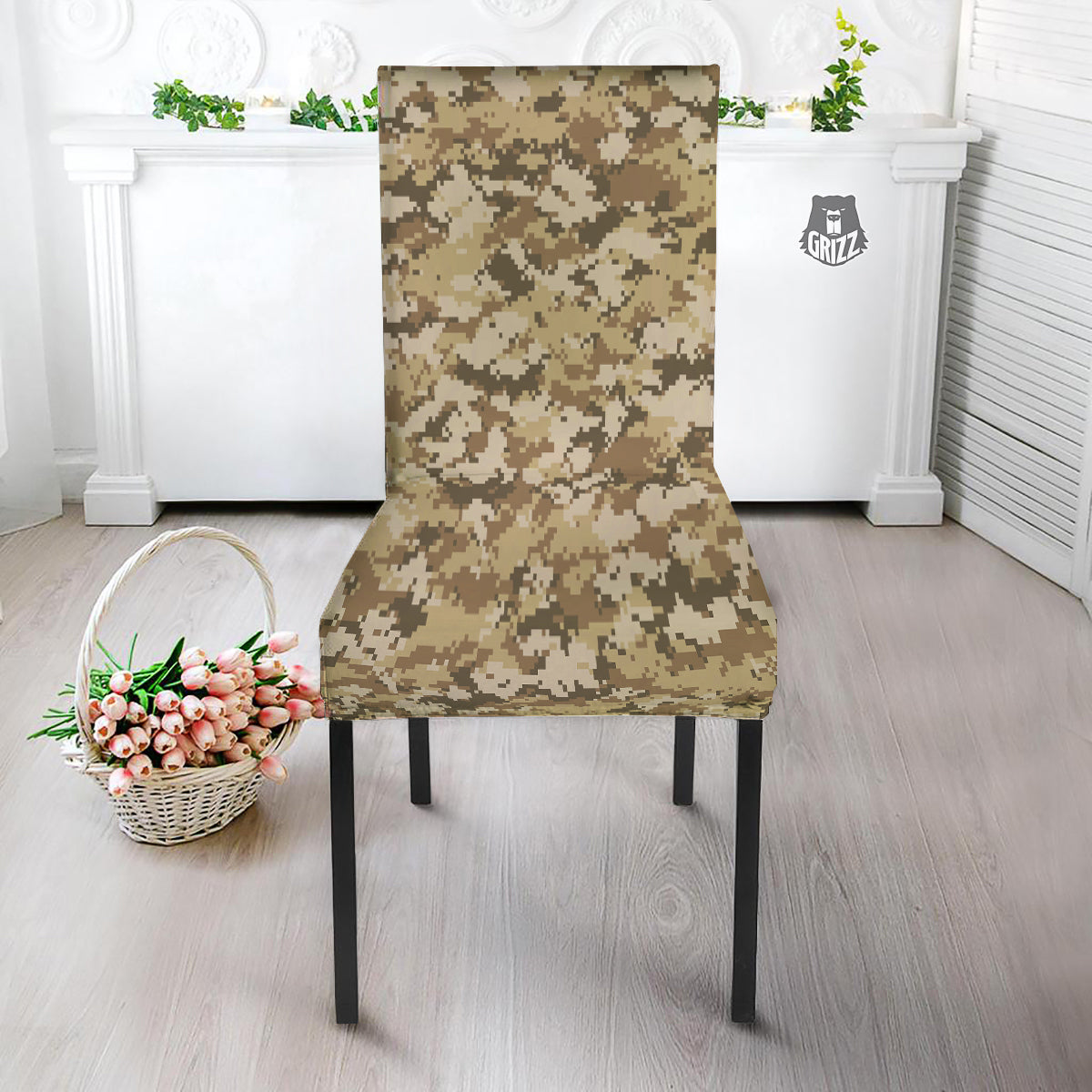 Digital Camo Beige Print Pattern Dining Chair Slipcover-grizzshop