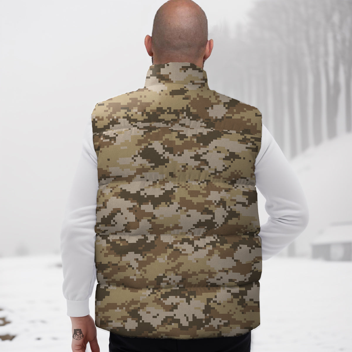 Digital Camo Beige Print Pattern Down Vest-grizzshop