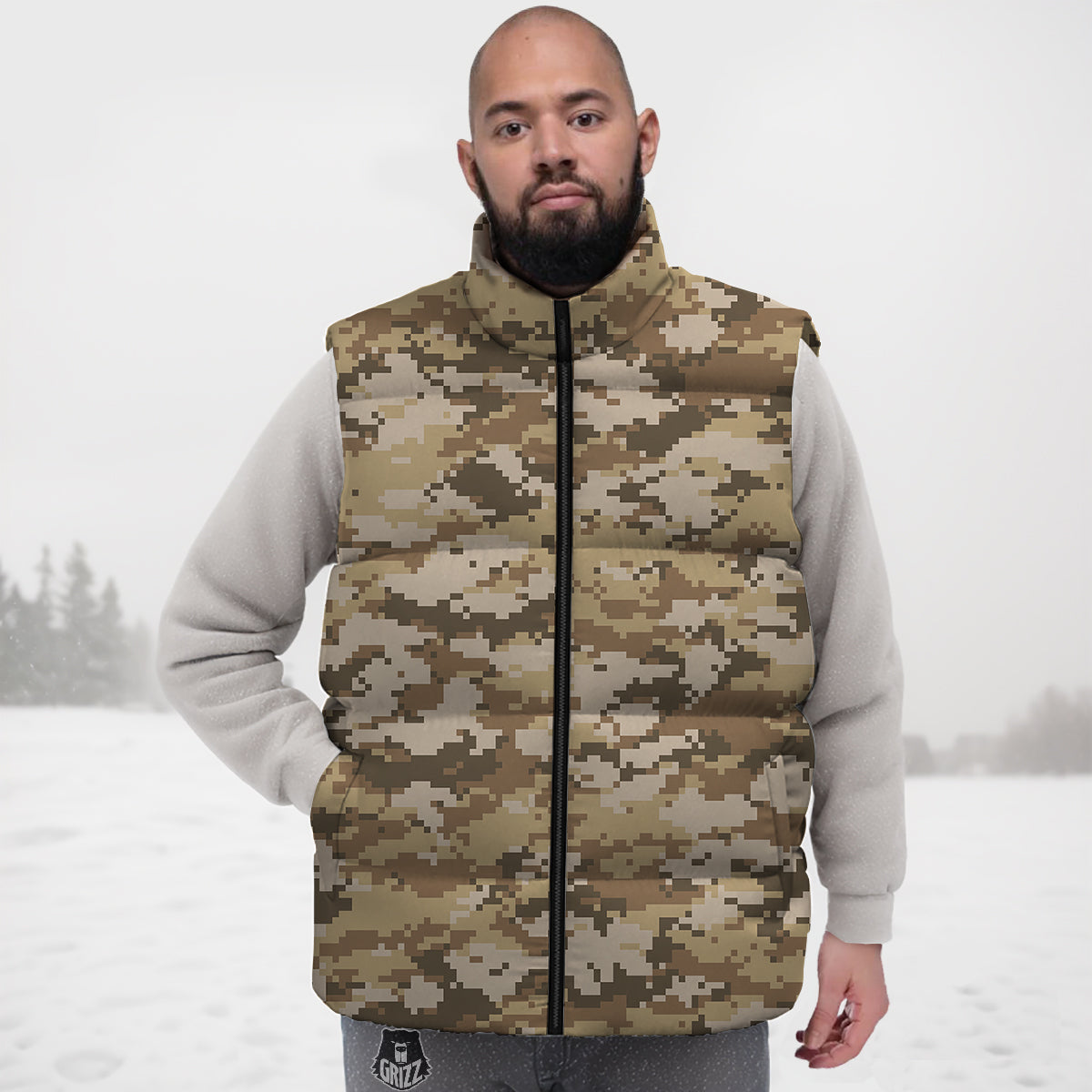 Digital Camo Beige Print Pattern Down Vest-grizzshop