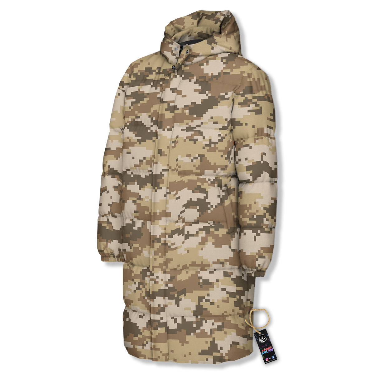 Digital Camo Beige Print Pattern Long Down Jacket-grizzshop