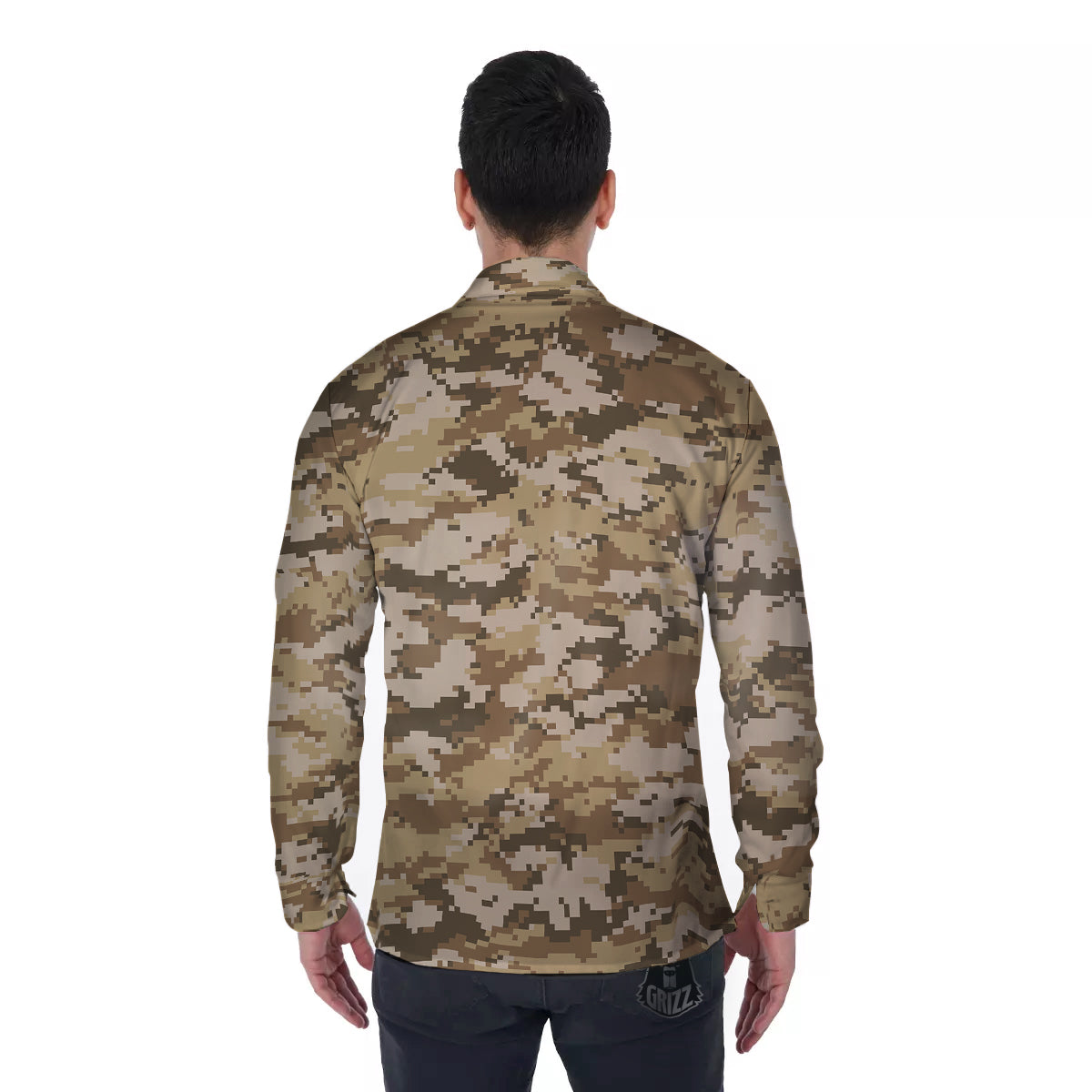 Digital Camo Beige Print Pattern Men's Long Sleeve Shirts-grizzshop