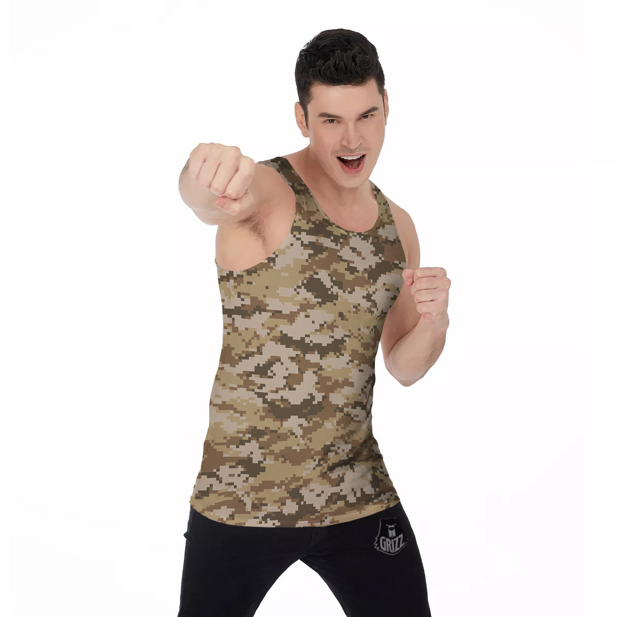 Digital Camo Beige Print Pattern Men's Tank Top-grizzshop