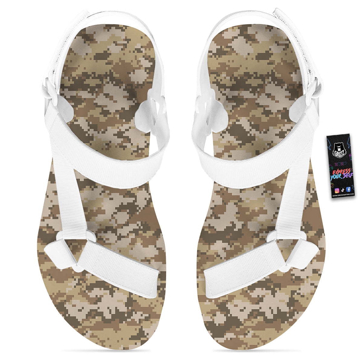 Digital Camo Beige Print Pattern White Open Toe Sandals-grizzshop
