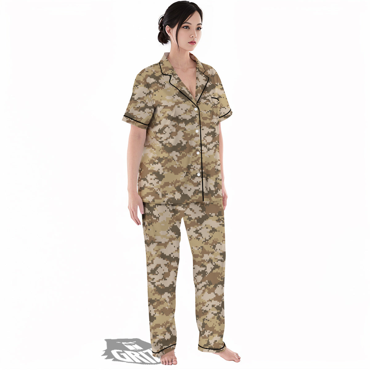 Digital Camo Beige Print Pattern Women's Pajamas Set-grizzshop