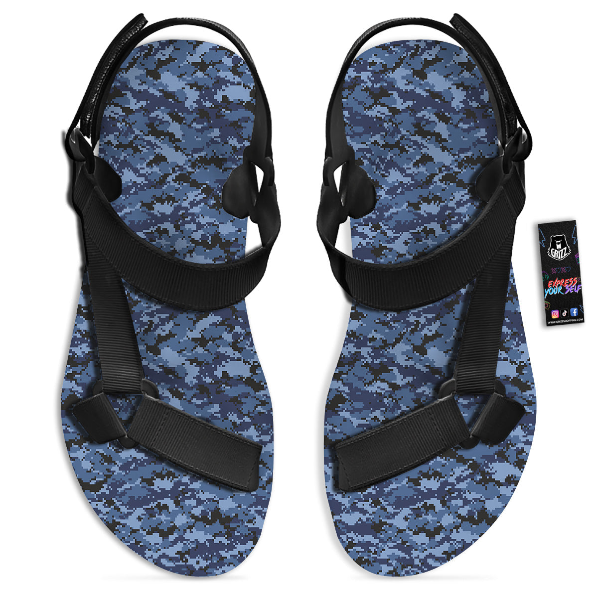 Digital Camo Black And Blue Print Black Open Toe Sandals-grizzshop