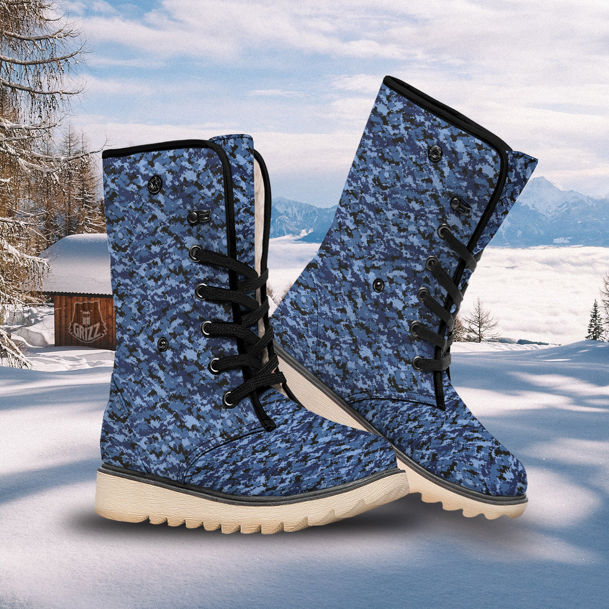 Digital Camo Black And Blue Print Snow Boots-grizzshop