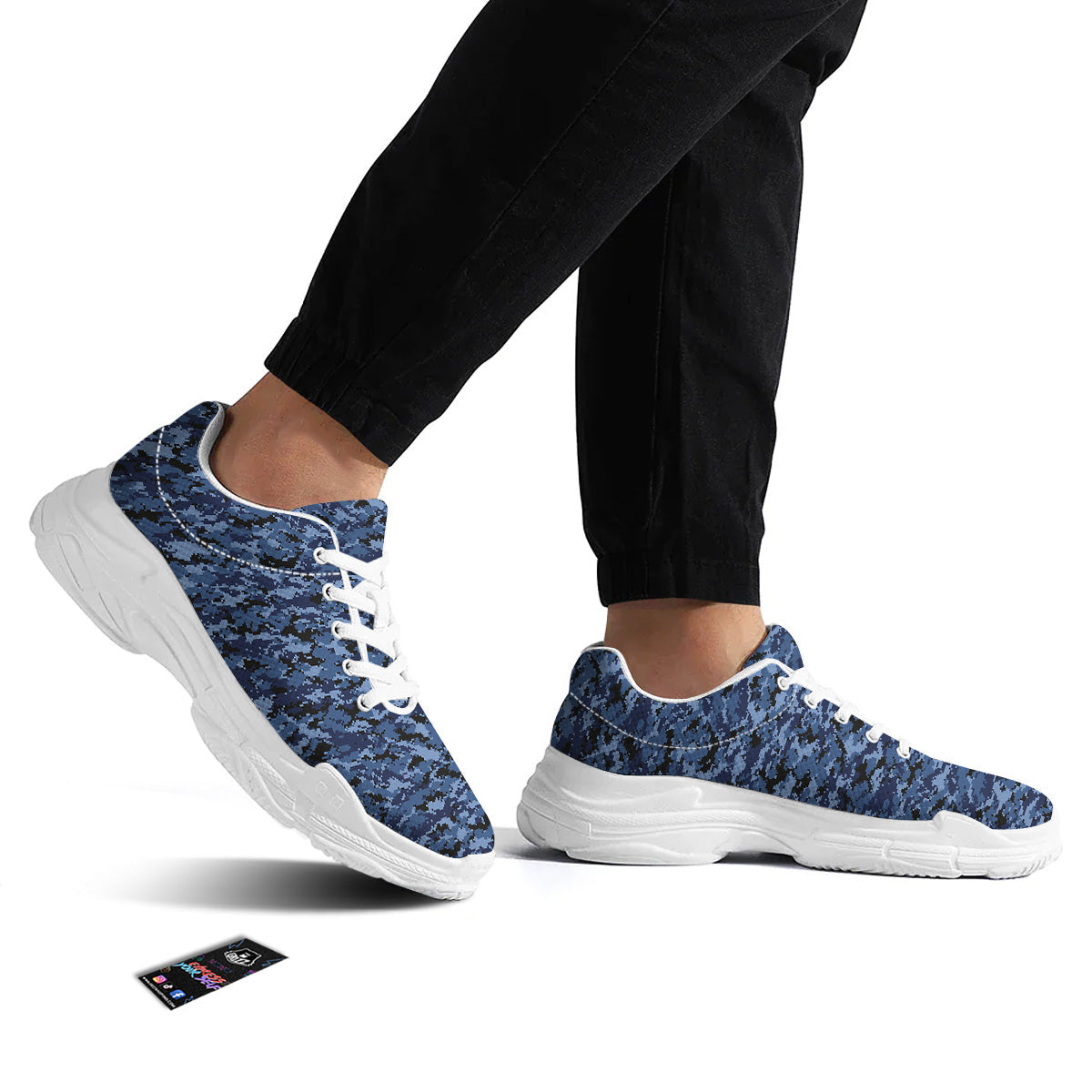 Digital Camo Black And Blue Print White Chunky Shoes-grizzshop