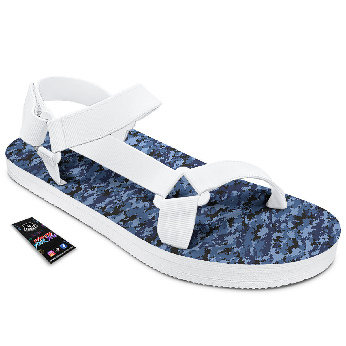 Digital Camo Black And Blue Print White Open Toe Sandals-grizzshop